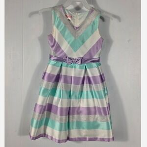 Jessica Ann Girls Size 5 Striped Metallic Party Dress Purple Teal Silver Bow